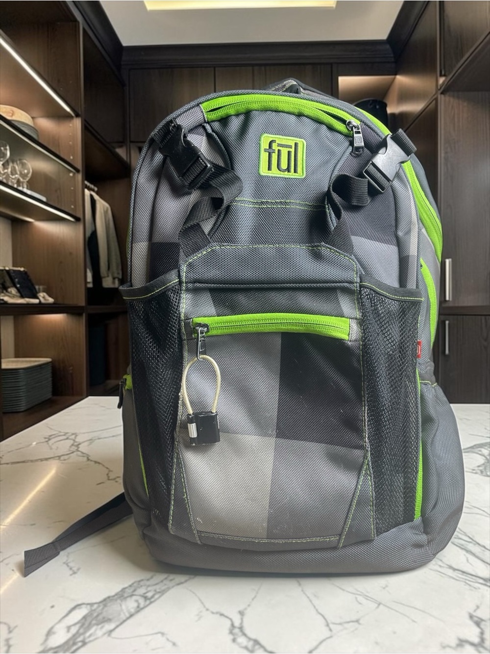 Ful Laptop Backpack Grey Lime Green Multi-Pocket Travel Work School Bag